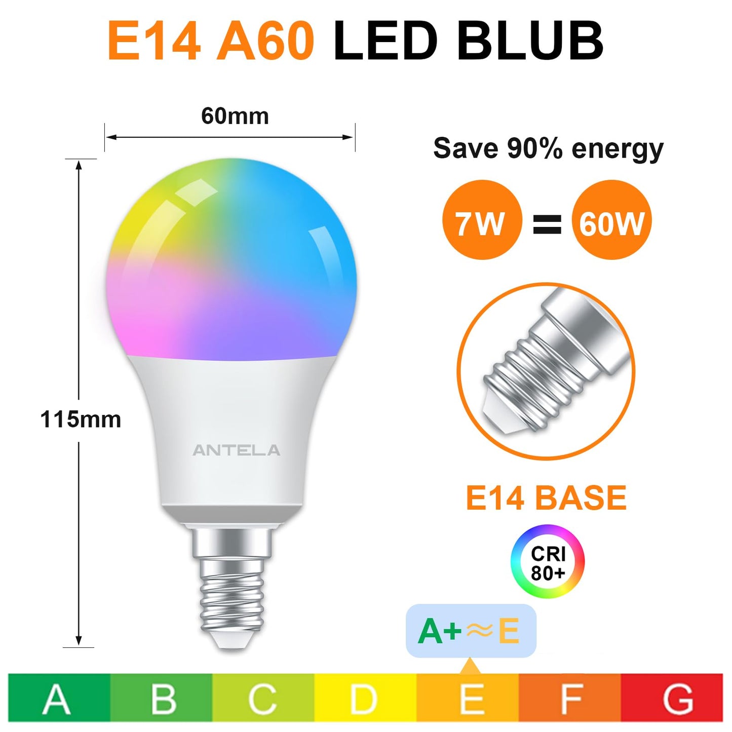 ANTELA Smart Bulb E14 Alexa Light Bulb A60 7W 806LM LED RGB Dimmable Bulb, 2700K-6500K Warm and Cool White, Smart Life App Control, Compatible with Google Home, 2PCS