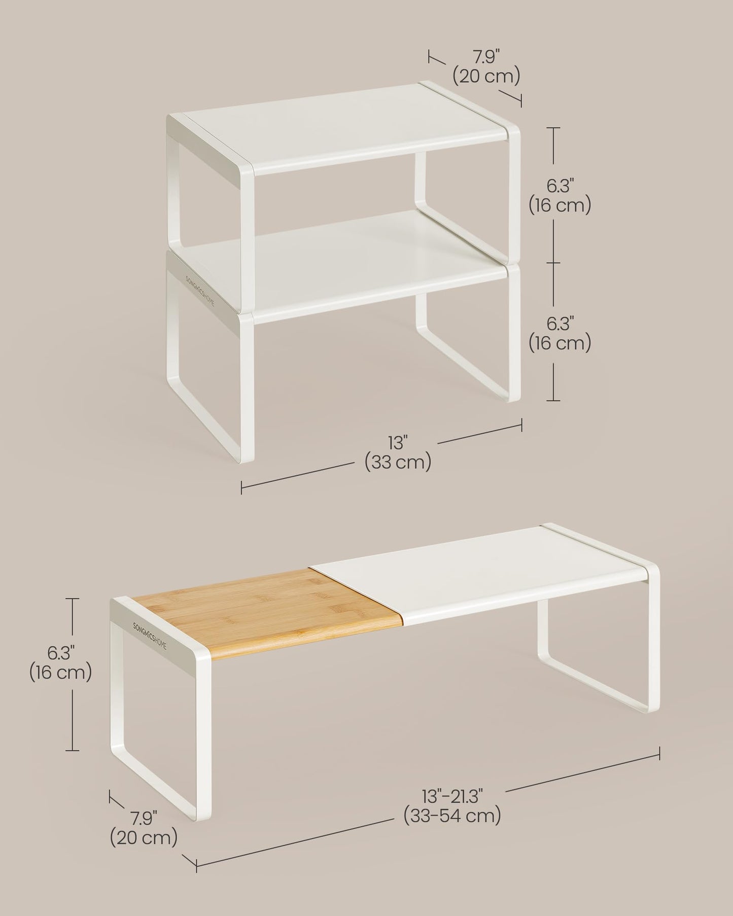 SONGMICS HOME Spice Racks, Expandable Cupboard Shelf Orgnizers, Kitchen Counter Shelves, Bamboo and Metal, Space-Saving Shelving, Stackable, Light Bamboo and Cream White UKCS051N01
