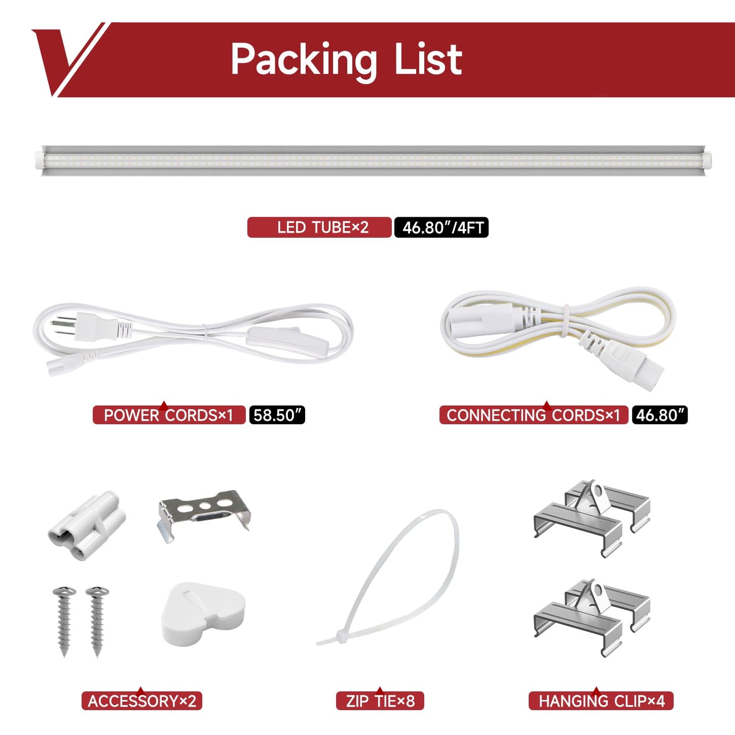 VShape 2 Pack LED Grow Light 4FT, 5000K Full Spectrum, 84W(2 x 42W), Linkable Growing Lamp Fixture, T8 Grow Lights for Indoor Plants, Seed Starting, Vegetables
