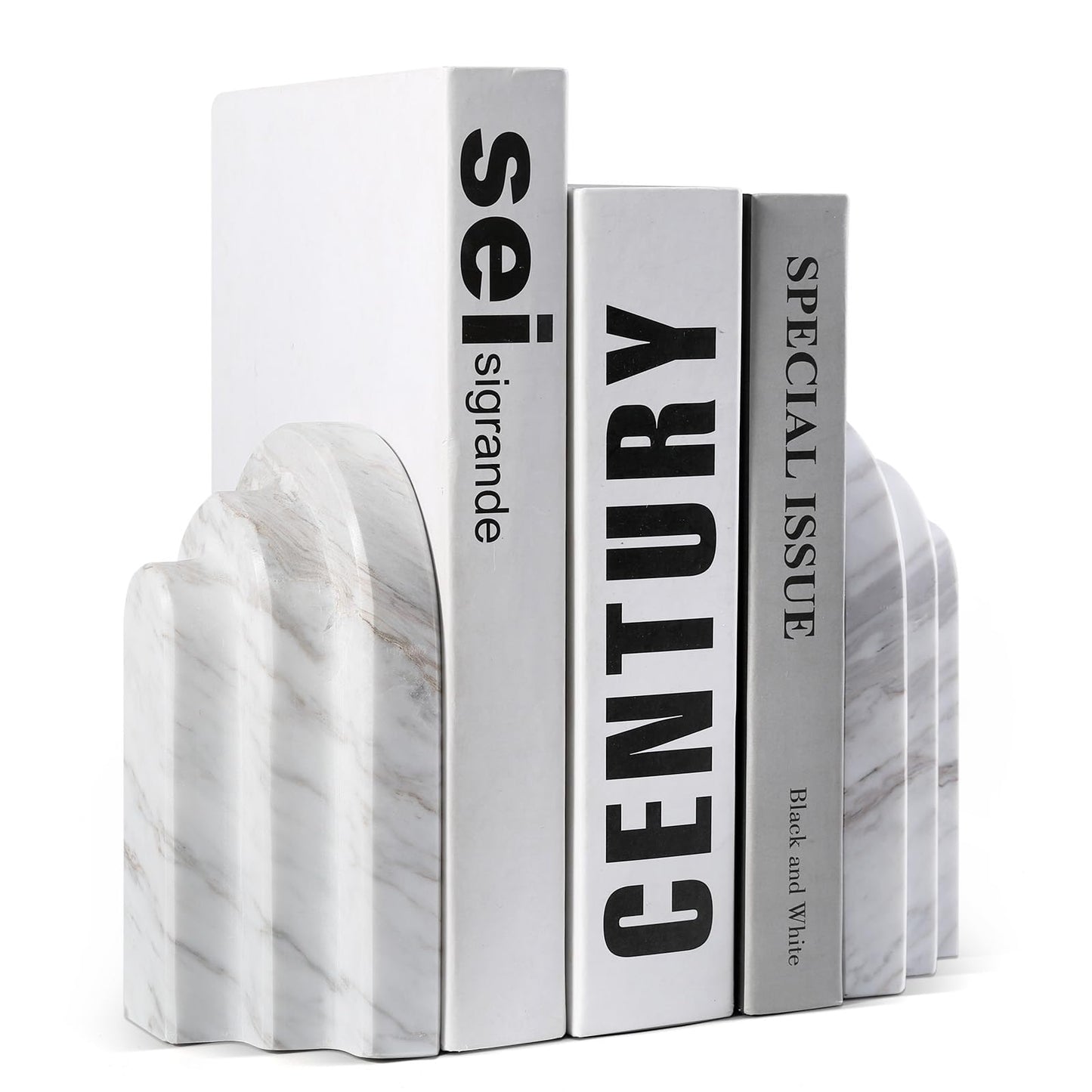 Natural Marble Book Ends - Heavy Duty Bookends for Shelves - Aesthetic Layered Arch Design Stone Book Holders, Modern Office Bookshelf Stopper Decor for Books/CDs (Volakas)