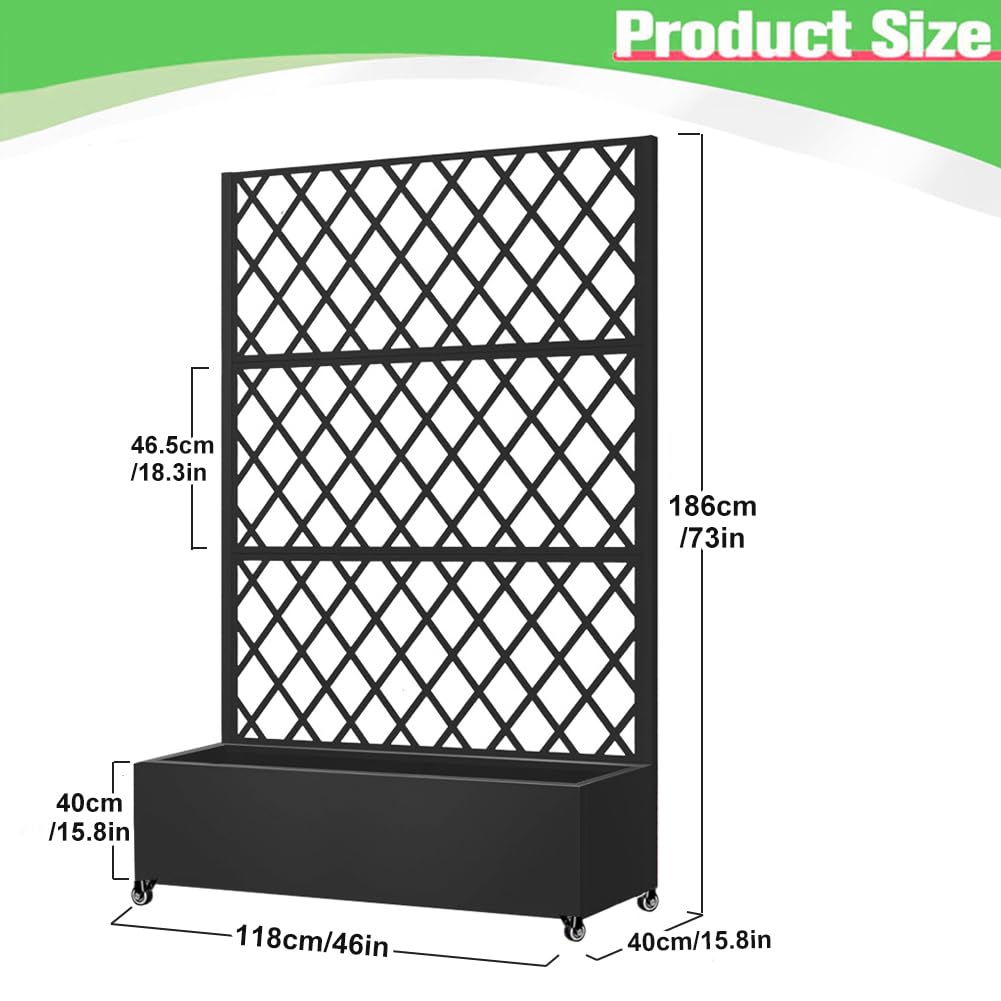 Metal Planter Box with Privacy Screen Trellis,Galvanized Raised Garden Bed On Wheels for Climbing Plants Vines, Standing Garden Flower Bed with Drainage Holes (Black, 47" L x16 W x 73" H)