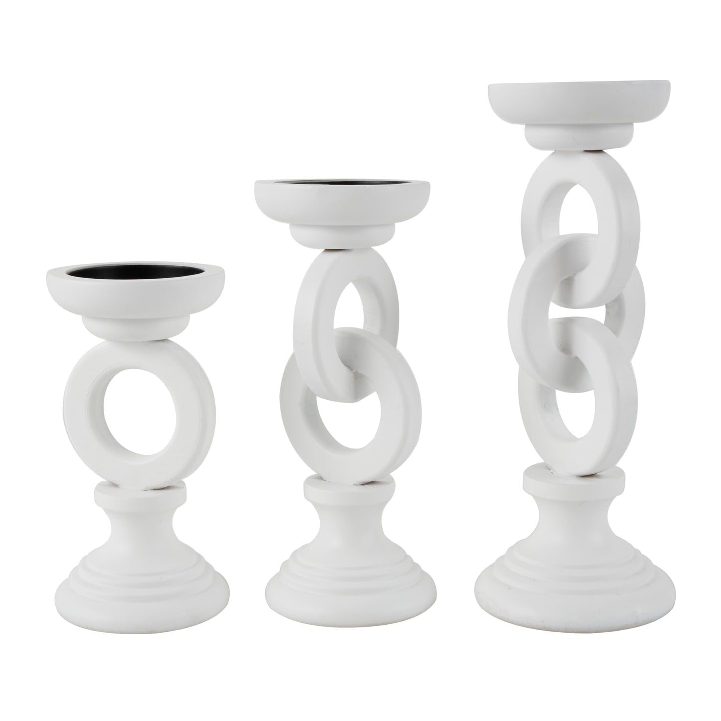 Deco 79 Wooden Decorative Candle Holder Chain Link Candle Stand, Set of 3 Candlestick Holder 13", 11", 9" H, White