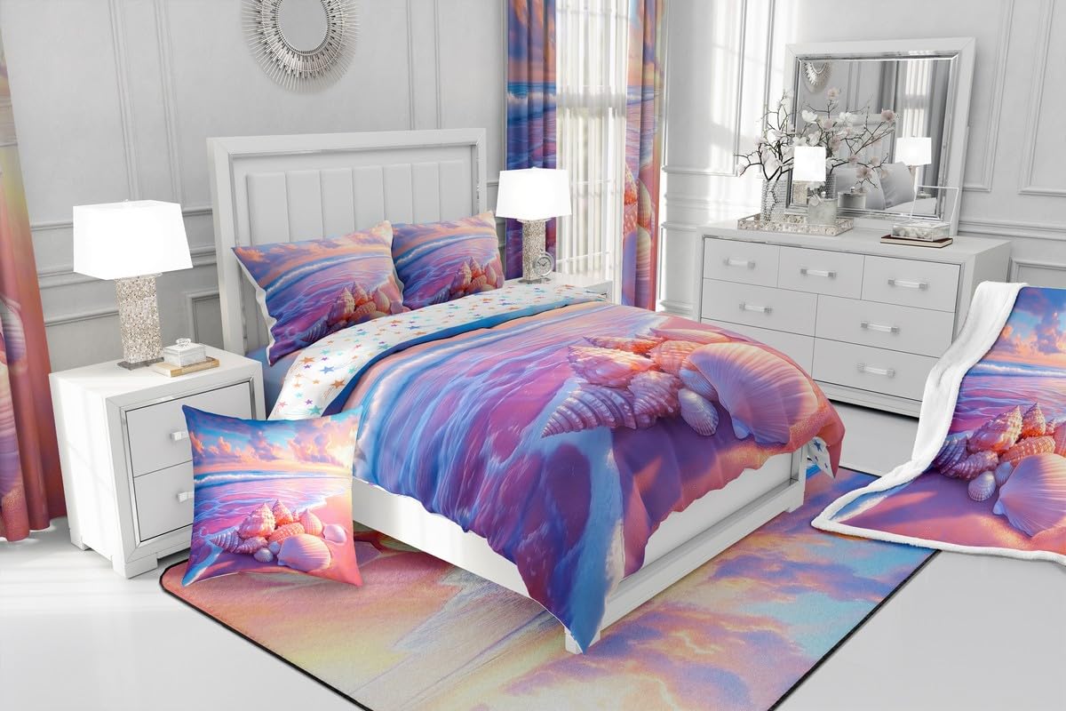 Feelyou Ocean Beach Bedding Sheets Full Pink Purple Beach Bed Sheet Set for Adult Kids Starfish Seashell Fitted Sheet Beach Theme Bed Cover 3Pcs,1 Fitted Sheet+2 Pillow Sham(No Flat Sheet)