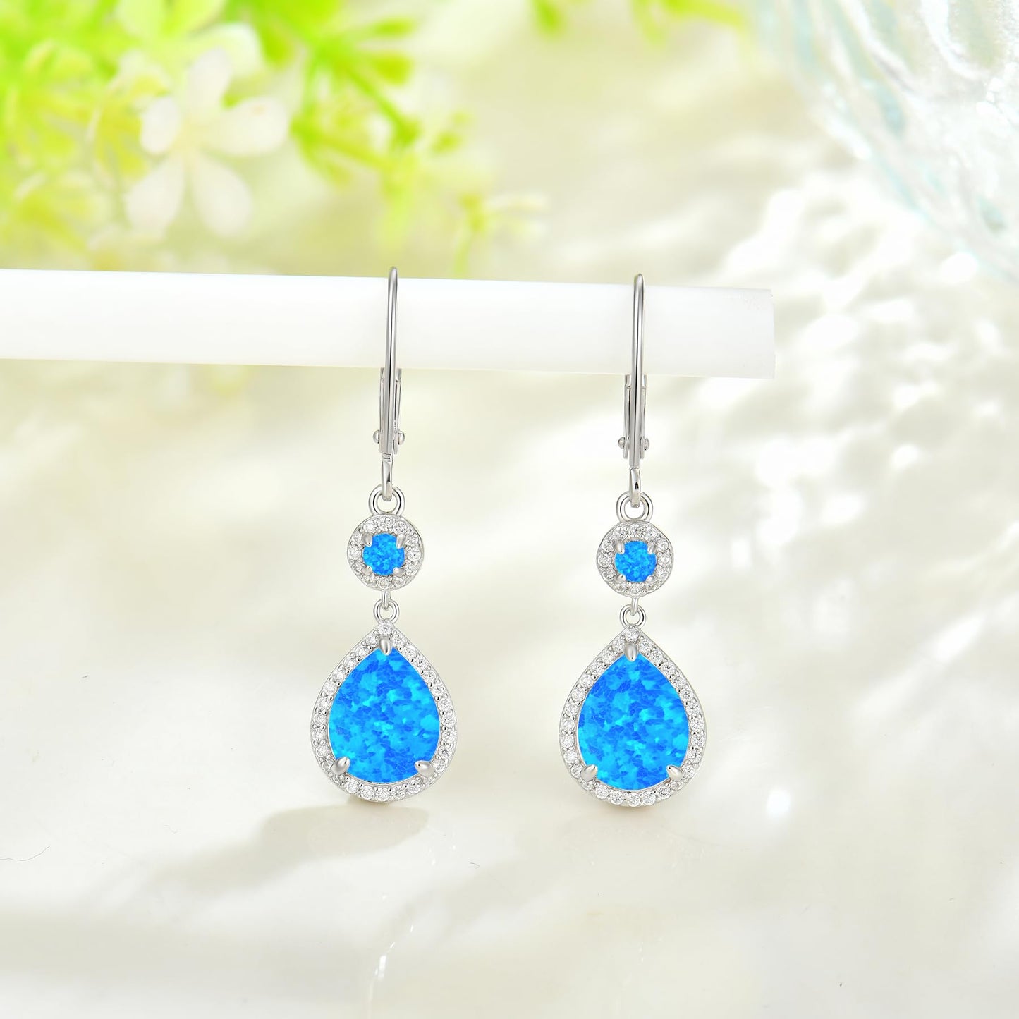 FYNSBLE Blue Opal Earrings for Women Sterling Silver Dangle Drop Leverback Earrings Hypoallergenic Jewelry for Women