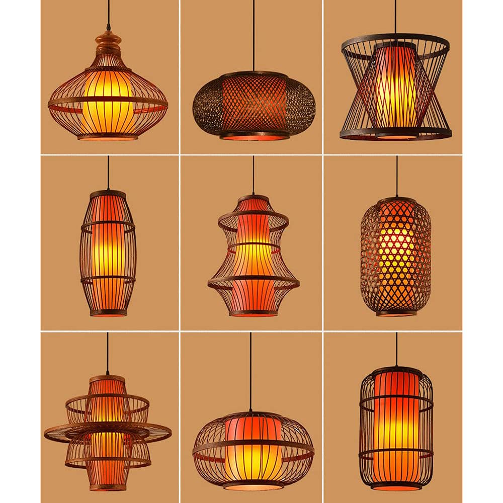 HAIIQU Traditional Antique Bamboo Pendant Light Chinese Bird Cage Hanging Ceiling Lamp with Red Imitation Parchment Lampshade Large Wicker Restaurant Cafe Corridor E27 Decor Light Fixture 17.7"