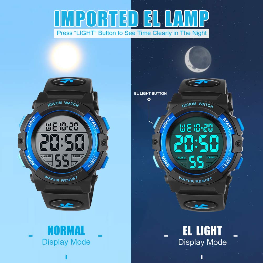 RSVOM Kids Boys Watches, Waterproof Outdoor Digital Sports Watch with Alarm/Stopwatch, Kids Digital Wrist Watches for Birthday Gifts/Gifts Blue, S, Strap, Blue, S, Strap