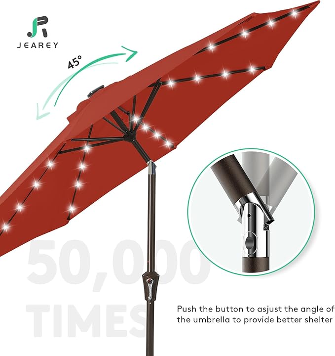 JEAREY 9FT Outdoor Patio Umbrella with Solar Lights, LED Lighted Pool Umbrella with Tilt and Crank, Outdoor Table Umbrellas for Deck, Yard & Market (Red)