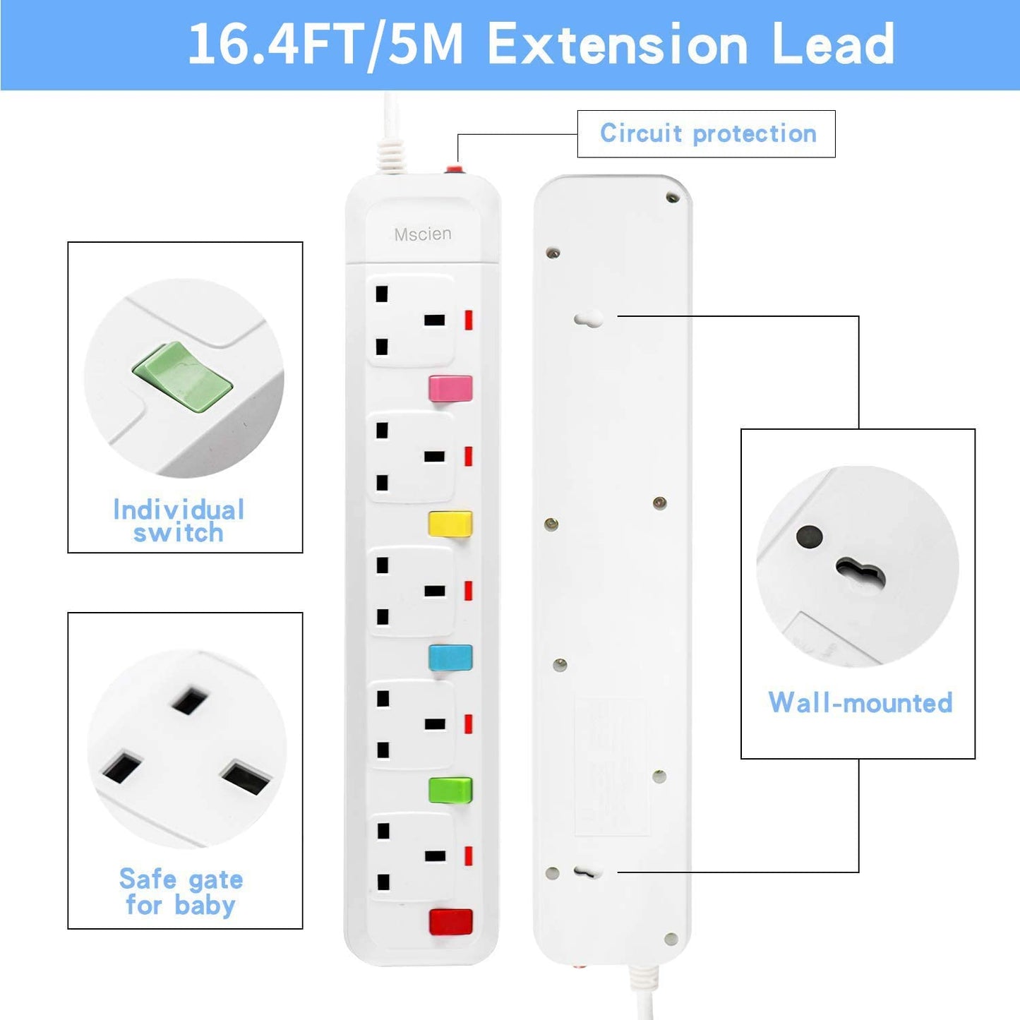 5M Extension Lead 5 Way Individually Switched,Mscien Surge Protected Extension Cord with 5 Meter Long Cable-White/Random Switch Color