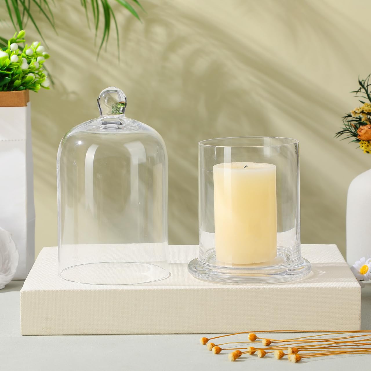 Garneck 2 Sets Glass Cloche Candle Holder Bell Jar: Clear Dome Cover Transparent Candle Cup Display Case for Wedding Centerpiece Bar Cafe Home Table Decor Mini Plant Ornament
