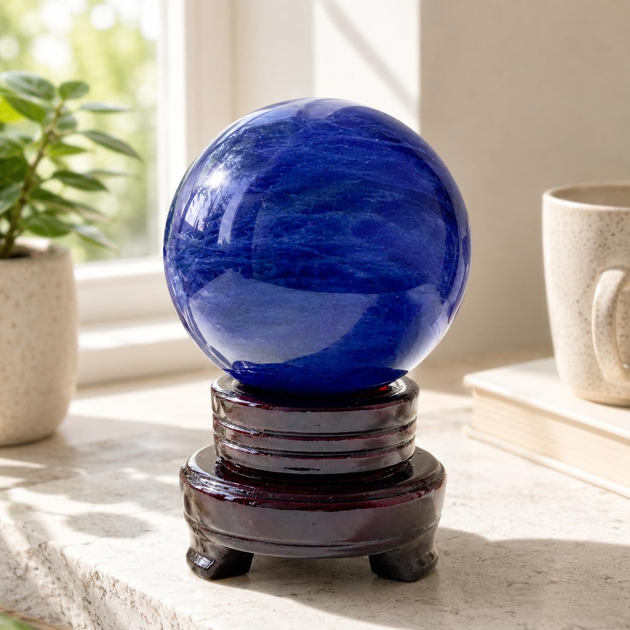 Lodkksg Blue Crystal Ball(100mm-3.93 inches) with Display Stand—Natural Sapphire Sphere for Decoration and Divination