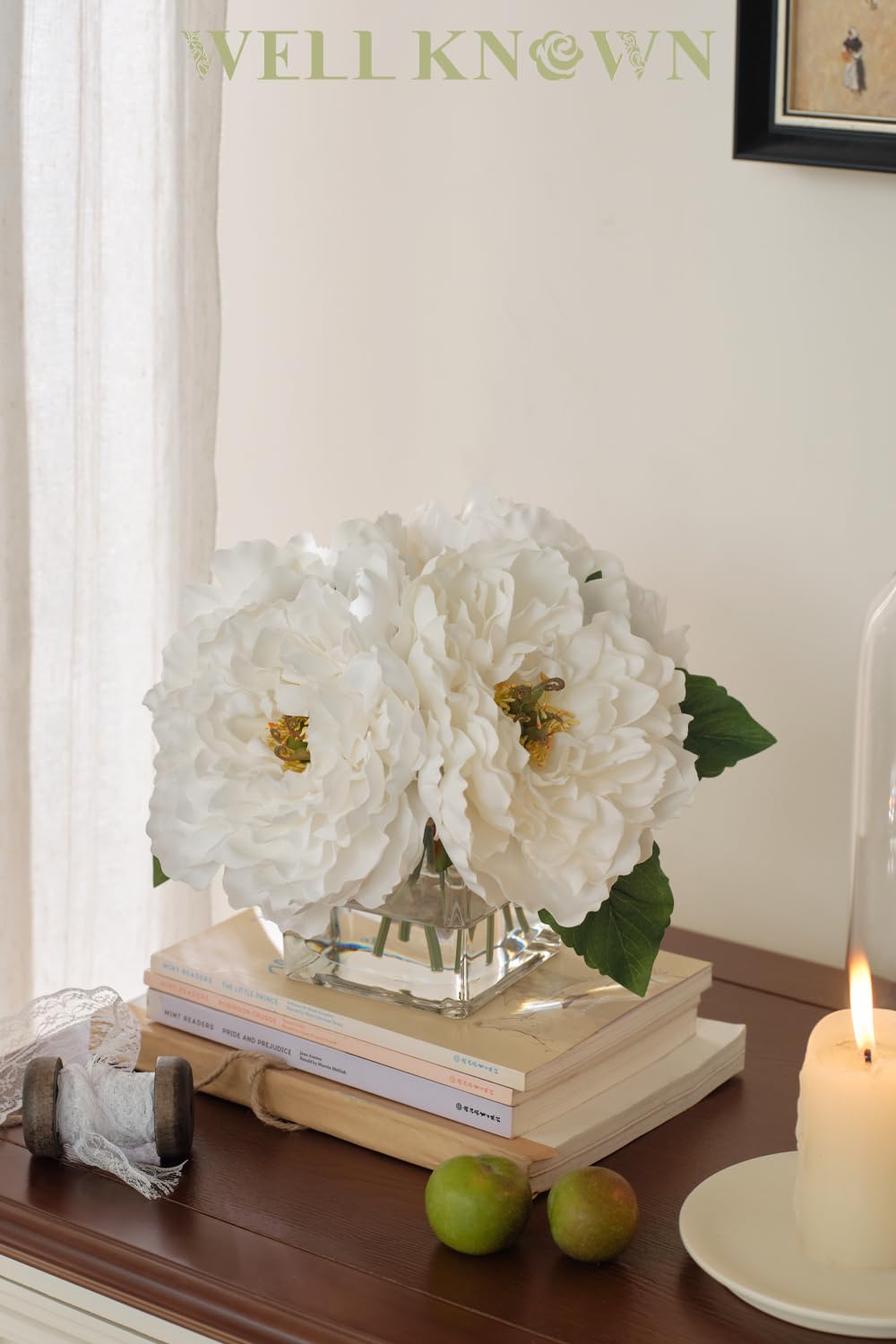 Artificial Peonies Flowers Arrangement in Cube Glass Vase, WELLKNOWN Ivory White Silk Flowers Centerpiece for Home Party Wedding Dining Coffee Table Decor, Faux Peony Flower Bouquet with Fake Water