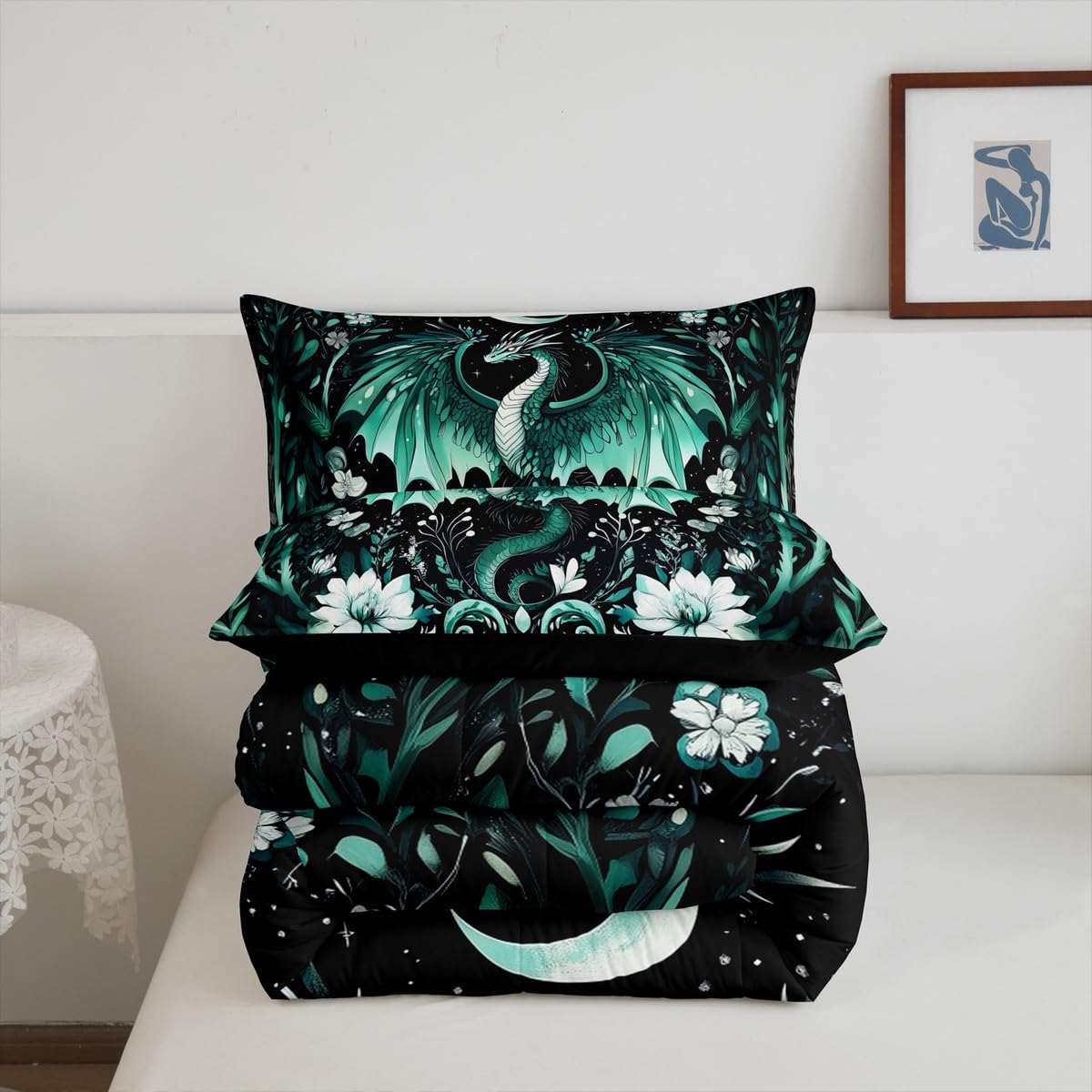 Feelyou Kids Dragon Comforter Set Twin Size, Green Dragon Bedding Set Dragon Lovers Comforter for Kids Boys Girls Boho Duvet Insert Room Decor 2Pcs