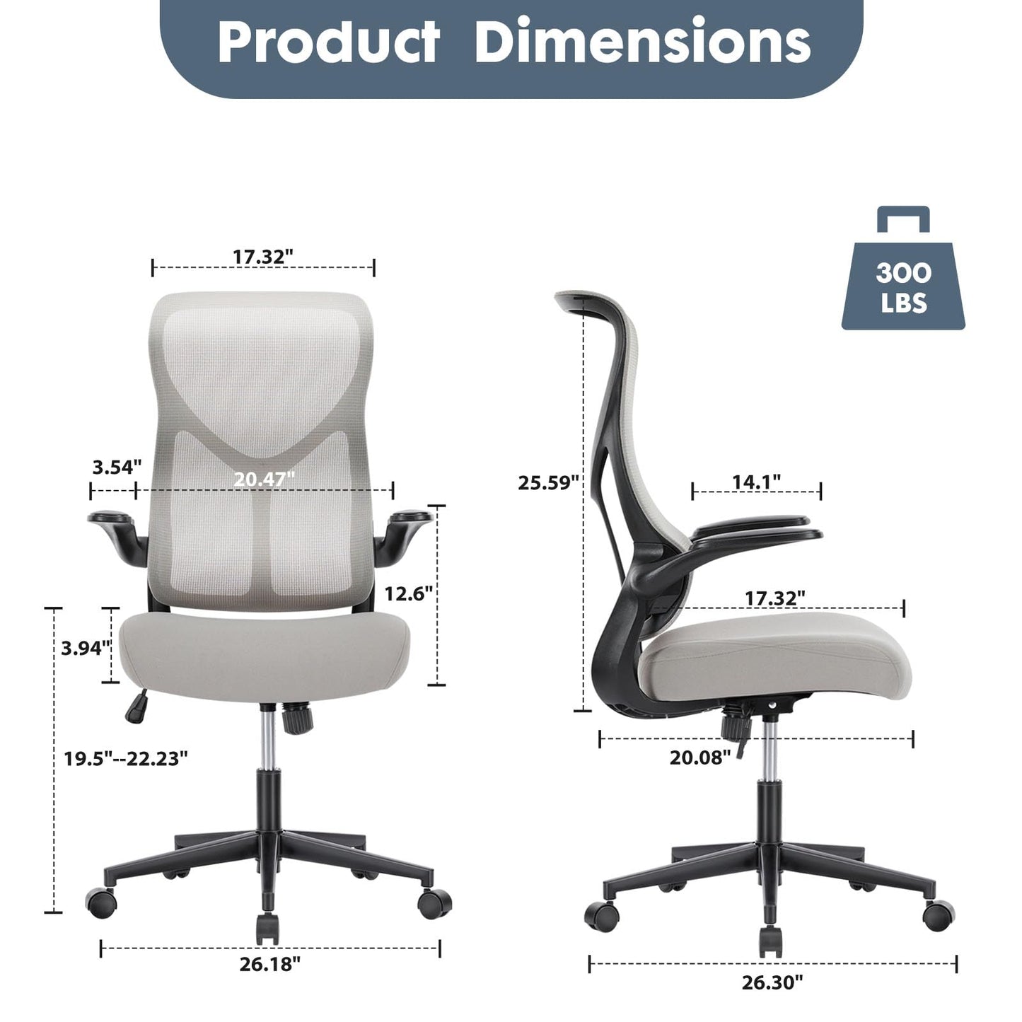 Sweetcrispy High Back Office Chair - Ergonomic Computer Gaming Mesh Chairs with Lumbar Support, with Soft Flip Up Arms, Adjustable Height and 360° Wheels, 120° Tilt, Grey