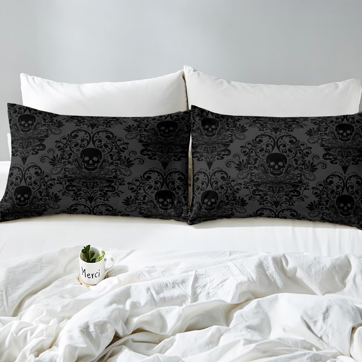 Feelyou Gothic Skull Bed Sheets Set Full Size Damask Print Bed Set for Kids Boys Girls Goth Bohemian Deep Pocket Fitted Sheet Dark Olive Green Breathable Soft Lightweight Microfiber