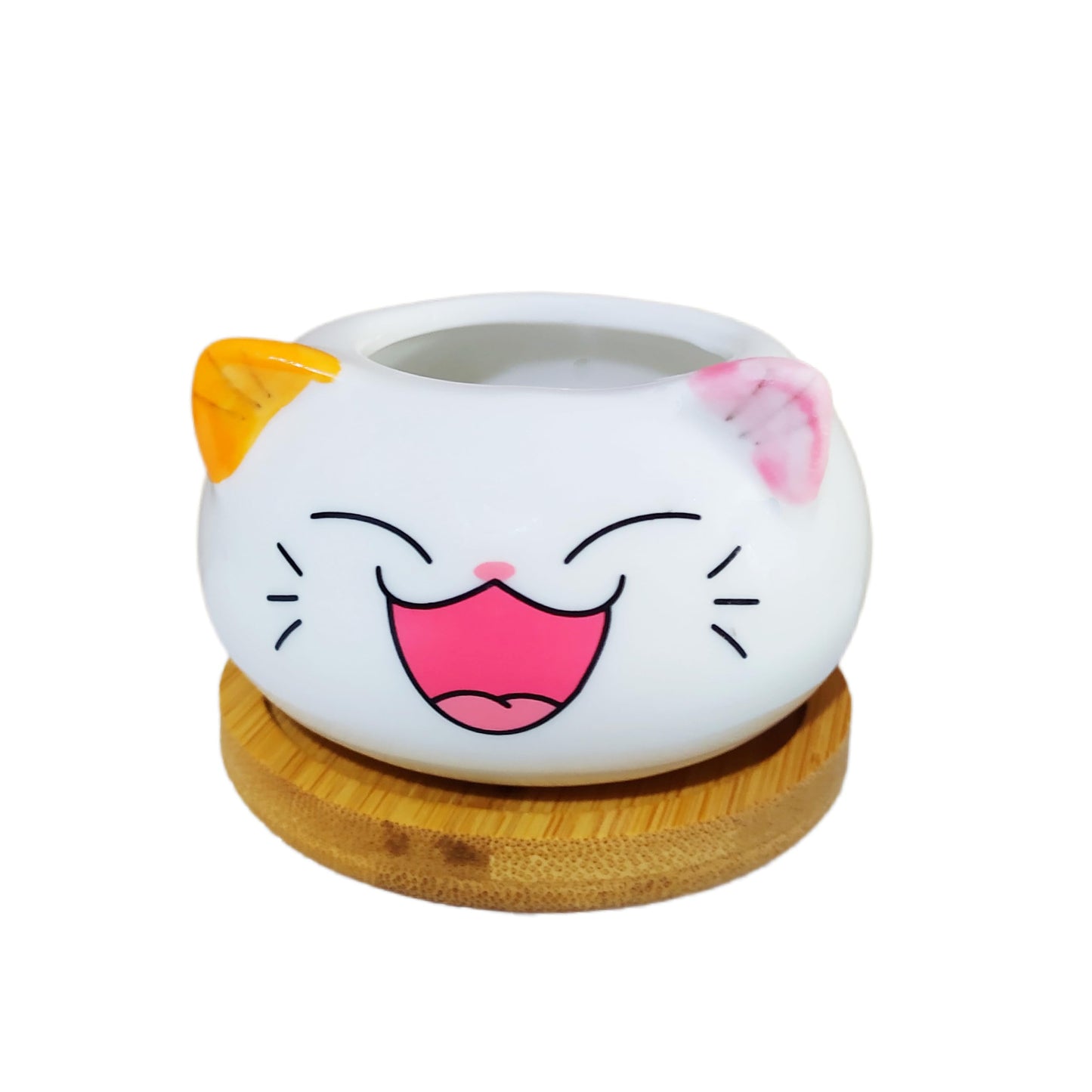 Cuteforyou Cute 3.5 Inches Indoor Cartoon Animal Cat Shaped Ceramic Succulent Cactus Flower Plant Pots with Bamboo Tray-Plant Not Included (6 Corlors)