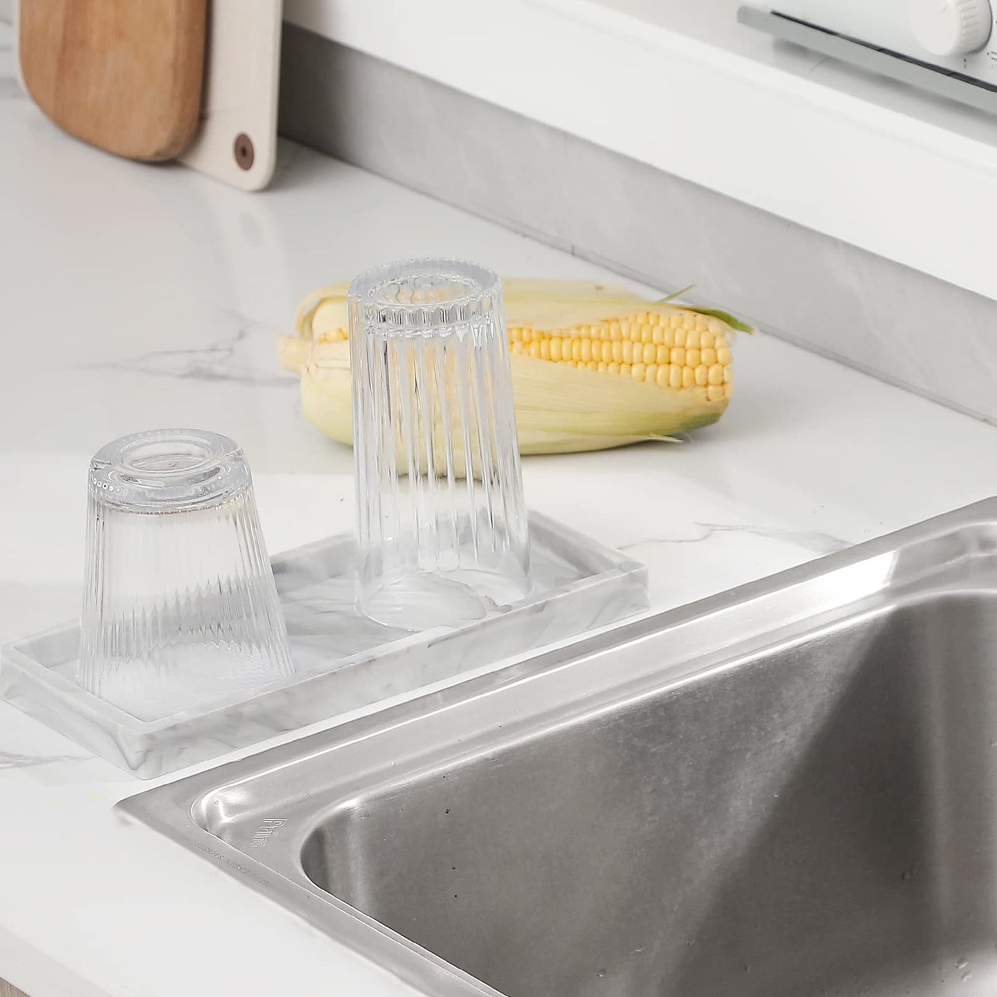 Silicone Bathroom Vanity Tray Dish Soap Holder Sink Organizer, Marble Grey