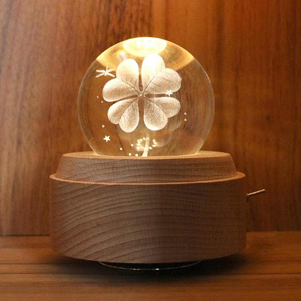FSIGOM Projection LED Light-3D Crystal Ball Music Box Luminous Rotating Musical Box-Wood Base Best Gift for 【Mother's Day Gift】 Birthday Christmas (Four-Leaf Clover)