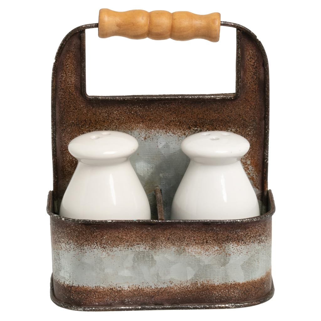Tin Basket Salt and Pepper Shakers Set, 5-Inch Height, Metal and Ceramic Rustic Kitchen Table Accessory