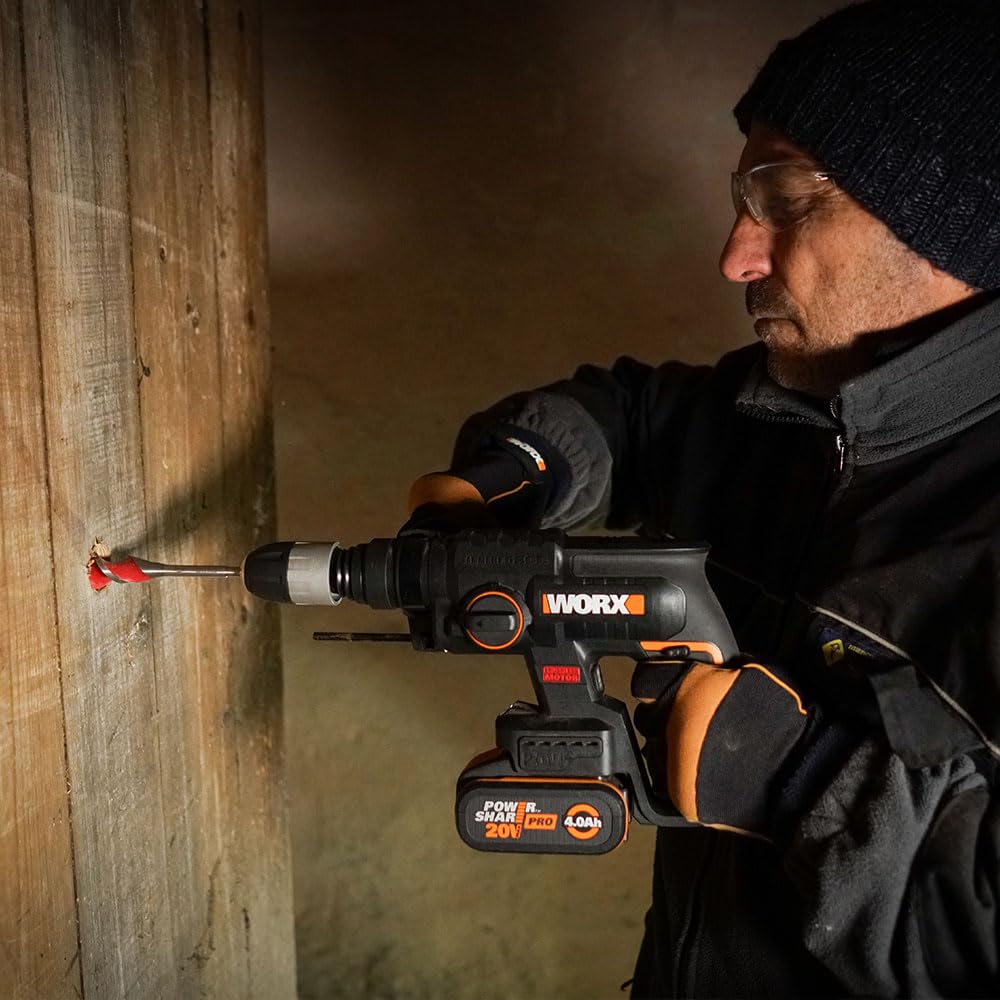 WORX Nitro 18V (20V MAX) Cordless Rotary Hammer Drill, PowerShare, Brushless Motor, SDS Plus, Max. Impact Energy 2.0 J, 3 Functions, Anti-Vibration, Bare Tool Only, WX381.9