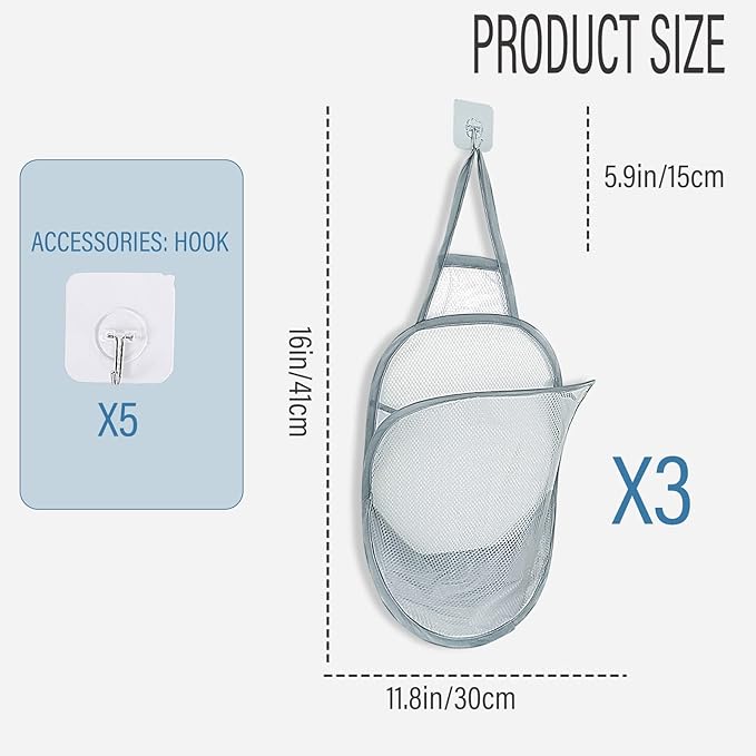 3 Pieces Hanging Laundry Hamper Foldable Mesh Hamper Dirty Cloth Basket