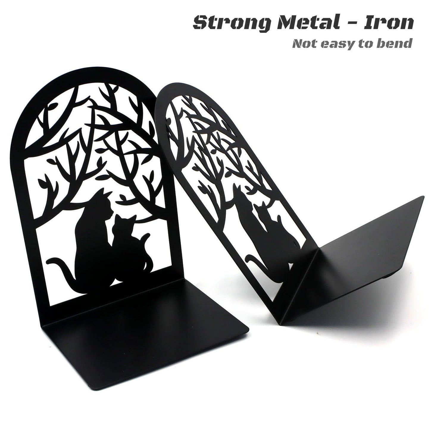 Book Ends, Bookends, Metal Bookend, Cat Decorative Bookends, Bookends for Shelves, Home Decorative Bookends for Heavy Books, Black Non-Skid Book Stopper, 7 x 4.7 x 4 inch (2 Pair)