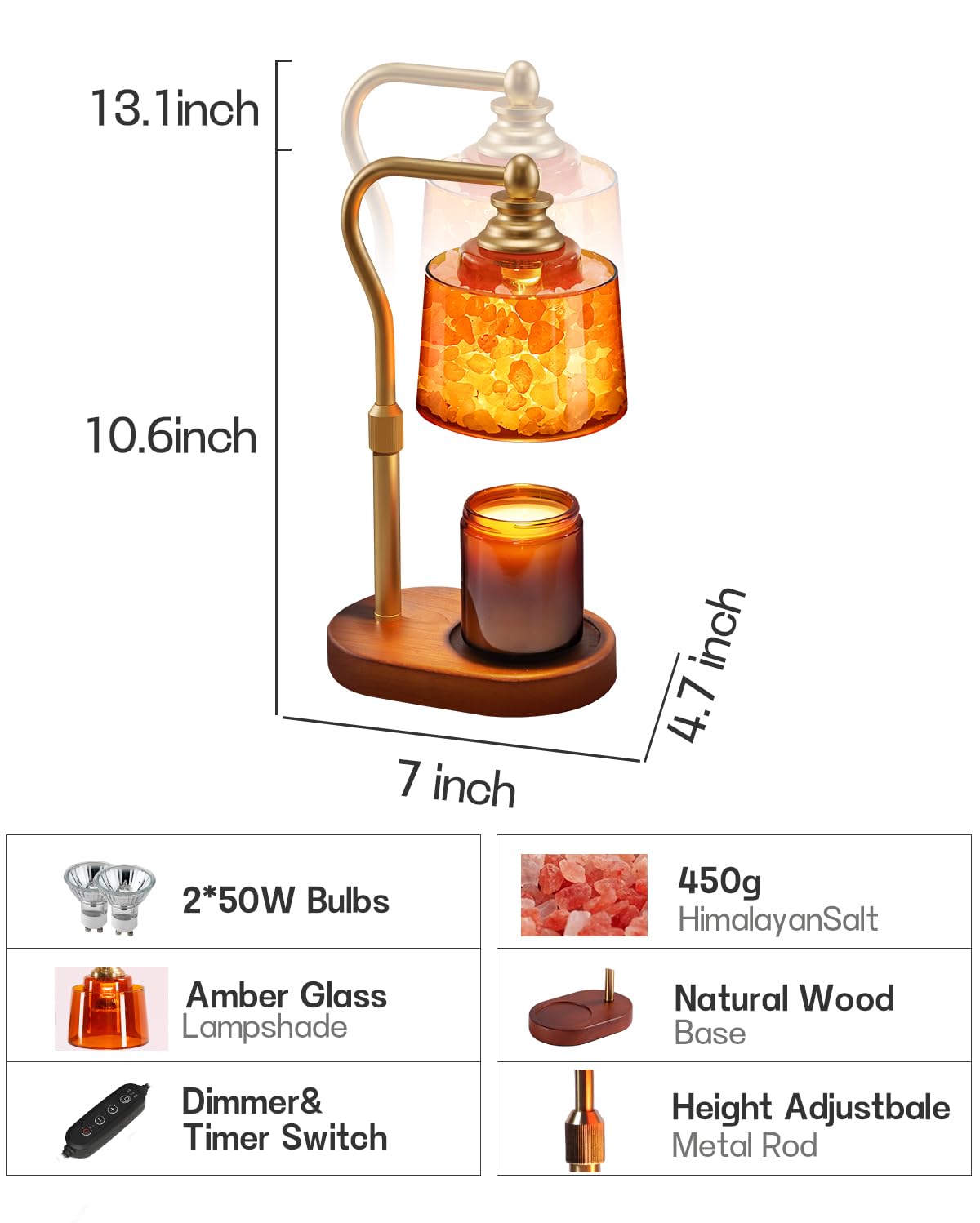 ZAXLZMHSD 3-in-1 Candle Warmer Lamp with Timer Dimmable, Himalayan Salt Lamp & Passive Diffuser, Gifts for Women, House Warming Gifts, Wax Melt Warmer for Jar Candles