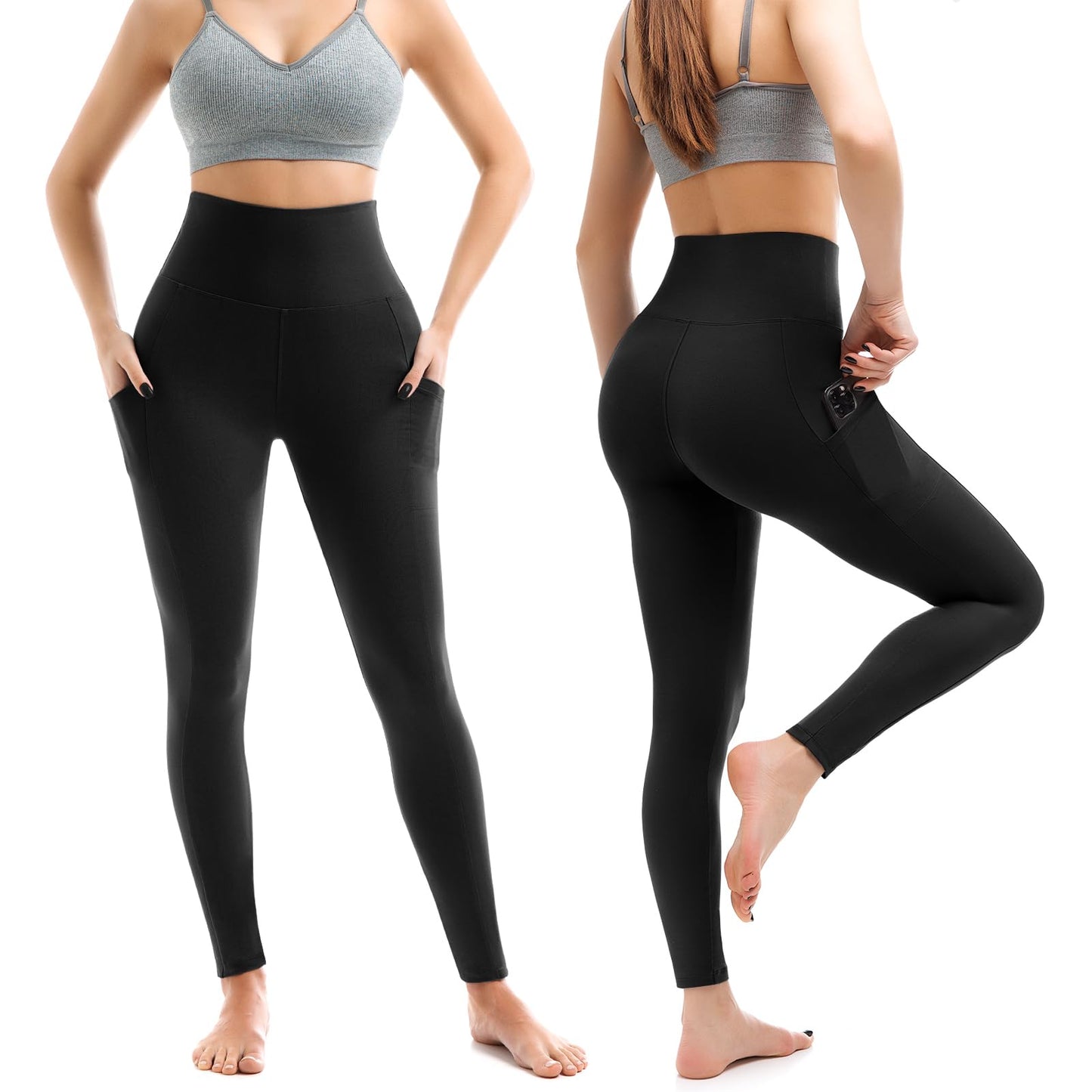 Leafigure 2 Pack Gym Leggings for Women High Waist Opaque Leggings with Pockets for Workout Sport Yoga Running Black LXL