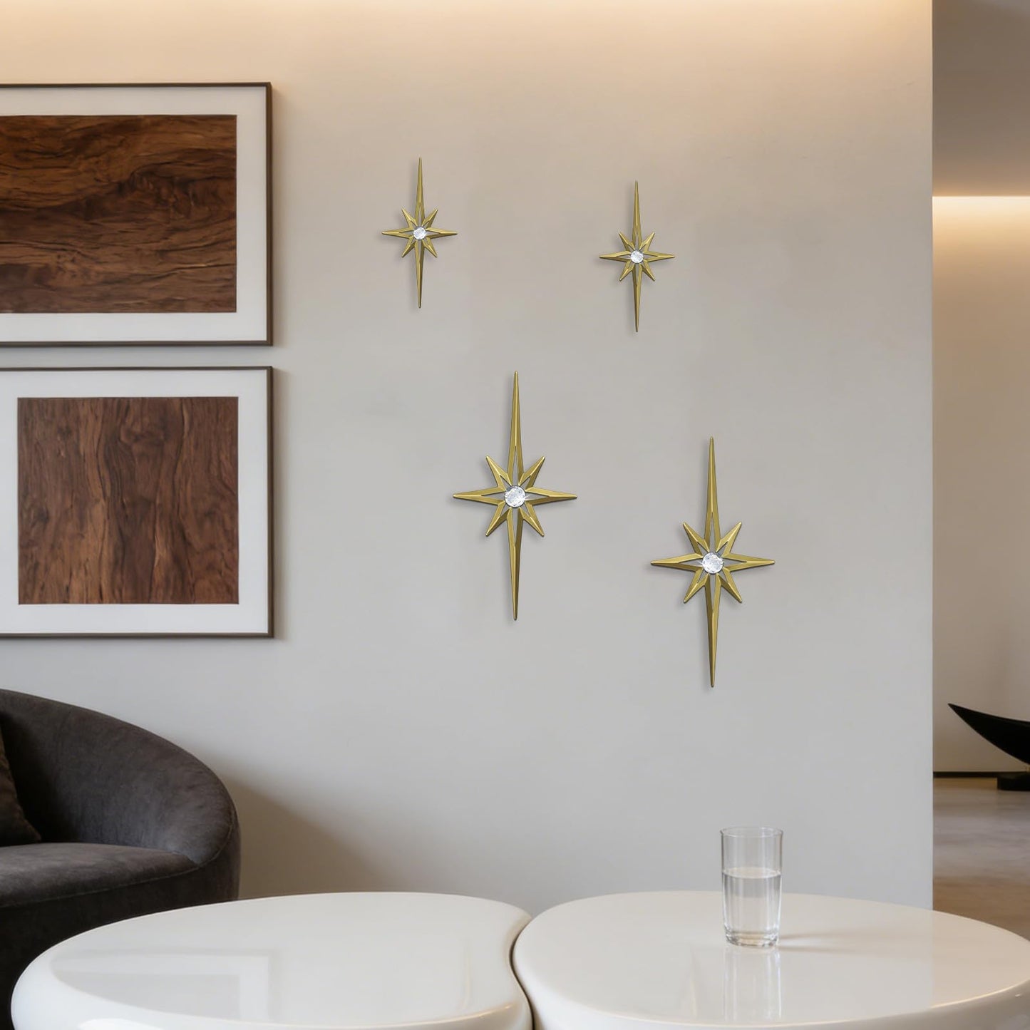 sxnzequnze 4 Pcs Star Wall Art for Home Decor Living Room Bedroom Office Metal 3D,Bling,with Hanging Hook Starburst Midcentury Sculpture Retro Gallery Accent Celestial -Gold 16.5in/9.4in
