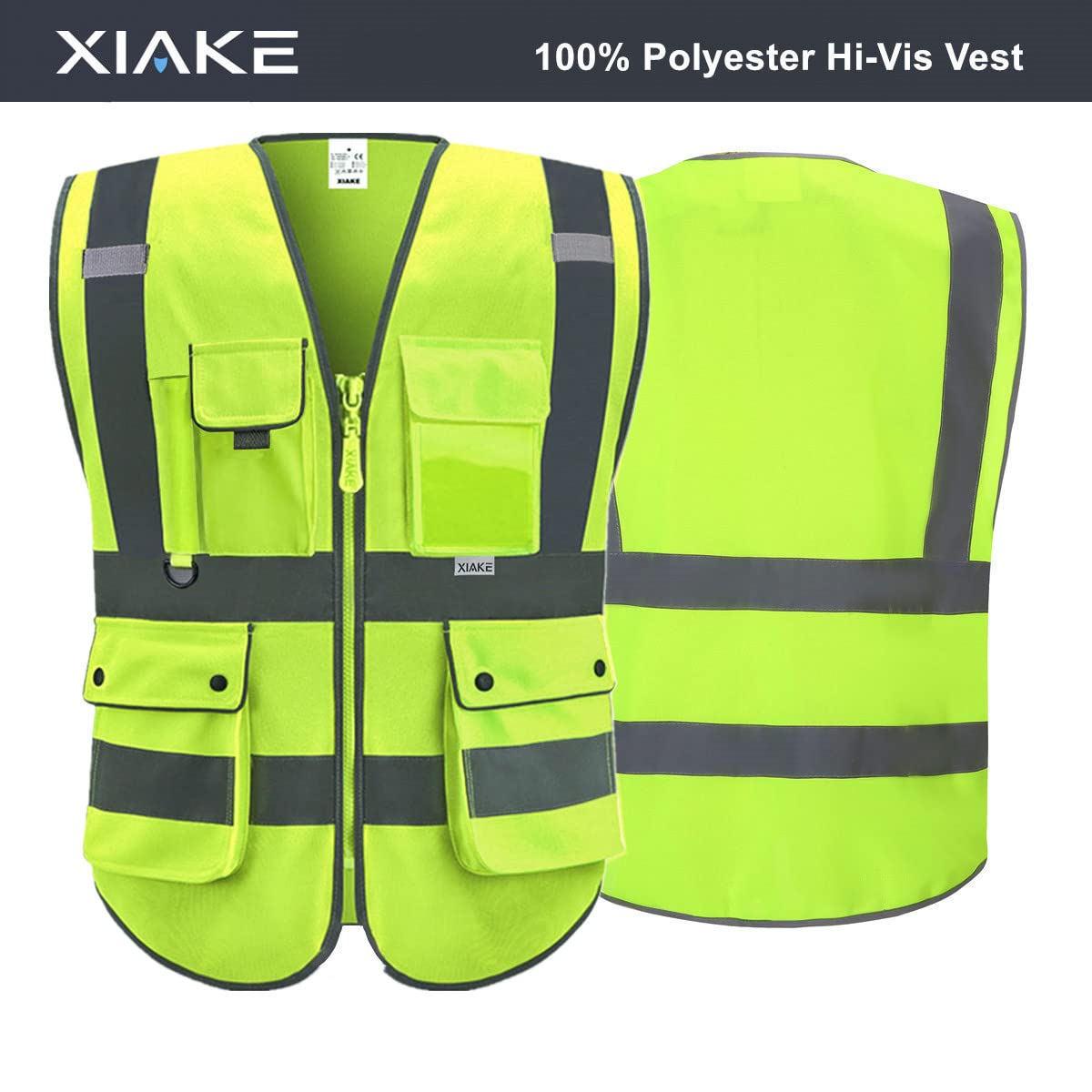 XIAKE High Vis Vests 8 Pockets Reflective Safety Vest Waistcoats for Men Women, Meets ANSI/ISEA Standards(Yellow,X-Large)