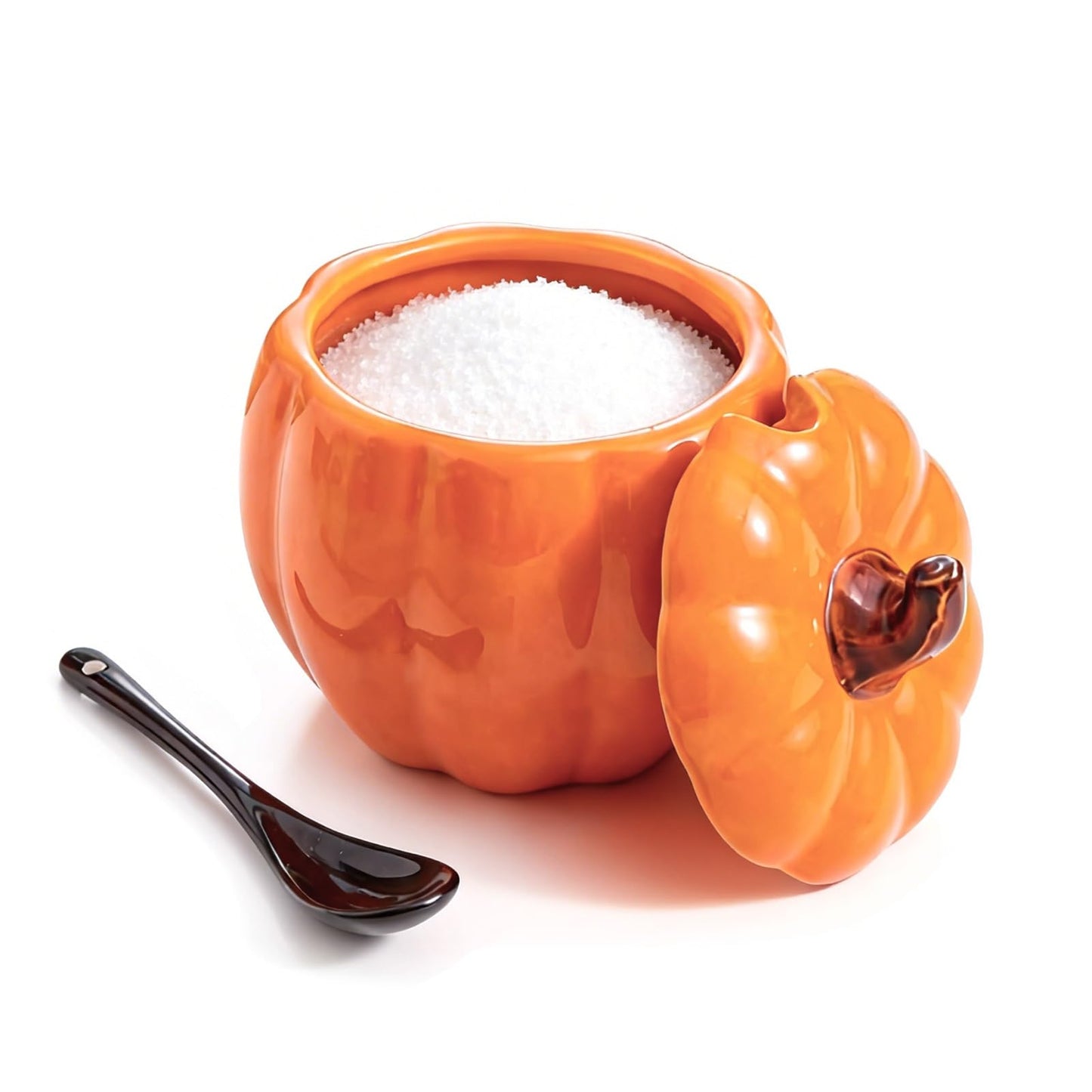 FTNESGYM Ceramic Salt Cellar with Lid and Spoon, 13.5oz Cute Pumpkin Shaped Spice Jar for Sugar, Salt, Spice, Decorative Spice Container for Fall Harvest & Halloween & Thanksgiving (Pumpkin)