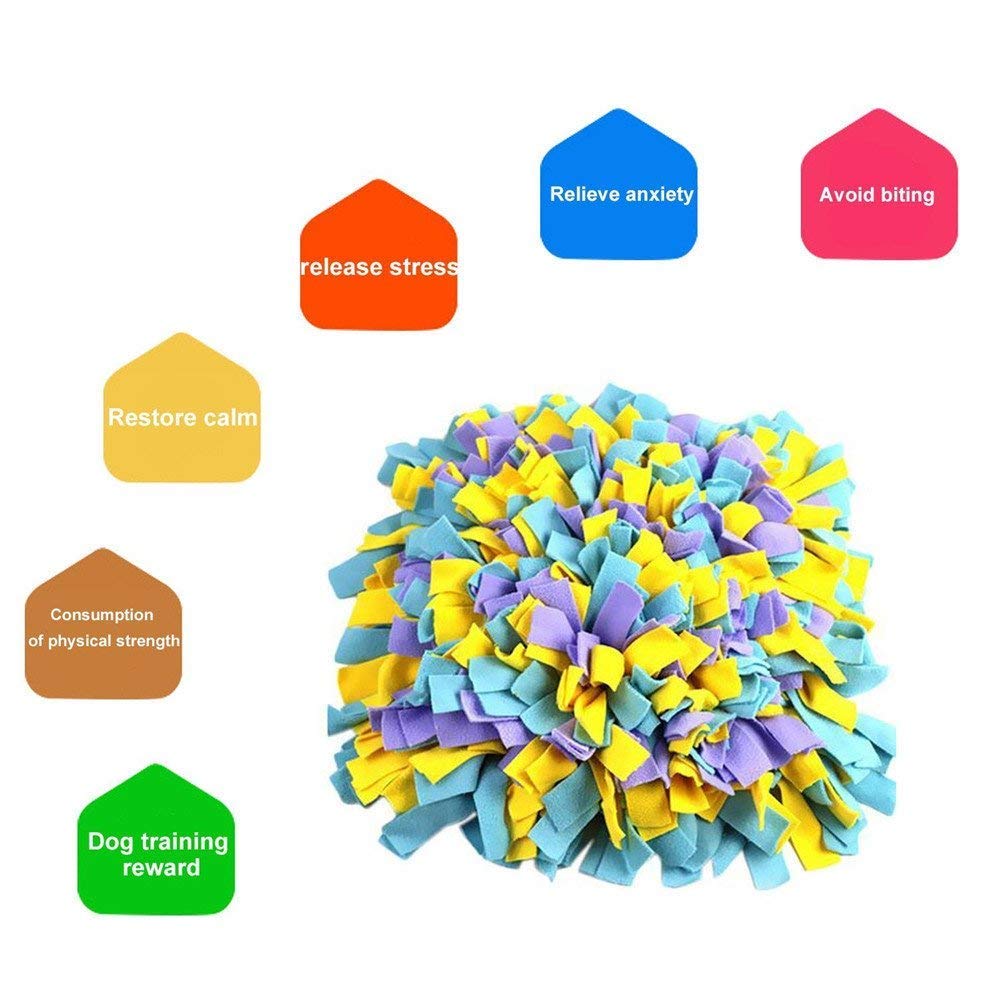 YEAKOO Dog Snuffle Mat, Hand Woven Dog Sniffing Pad Soft Pet Nose Work Smell Snuffle Mat Training Feeding Foraging Skill Blanket Dog Play Mats Puzzle Toys 45cmx45cm (Yellow/Purple/Blue)