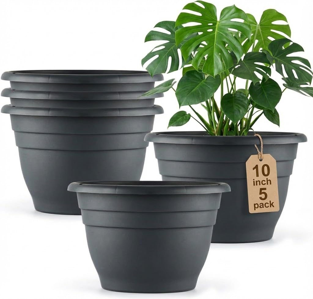 RooTrimmer 5 Pack 10 Inch Plant Pots for Indoor Outdoor,Plastic Floor Planters with Drainage Holes,Lightweight Flower Pots for Home,Patio & Garden(Grey)