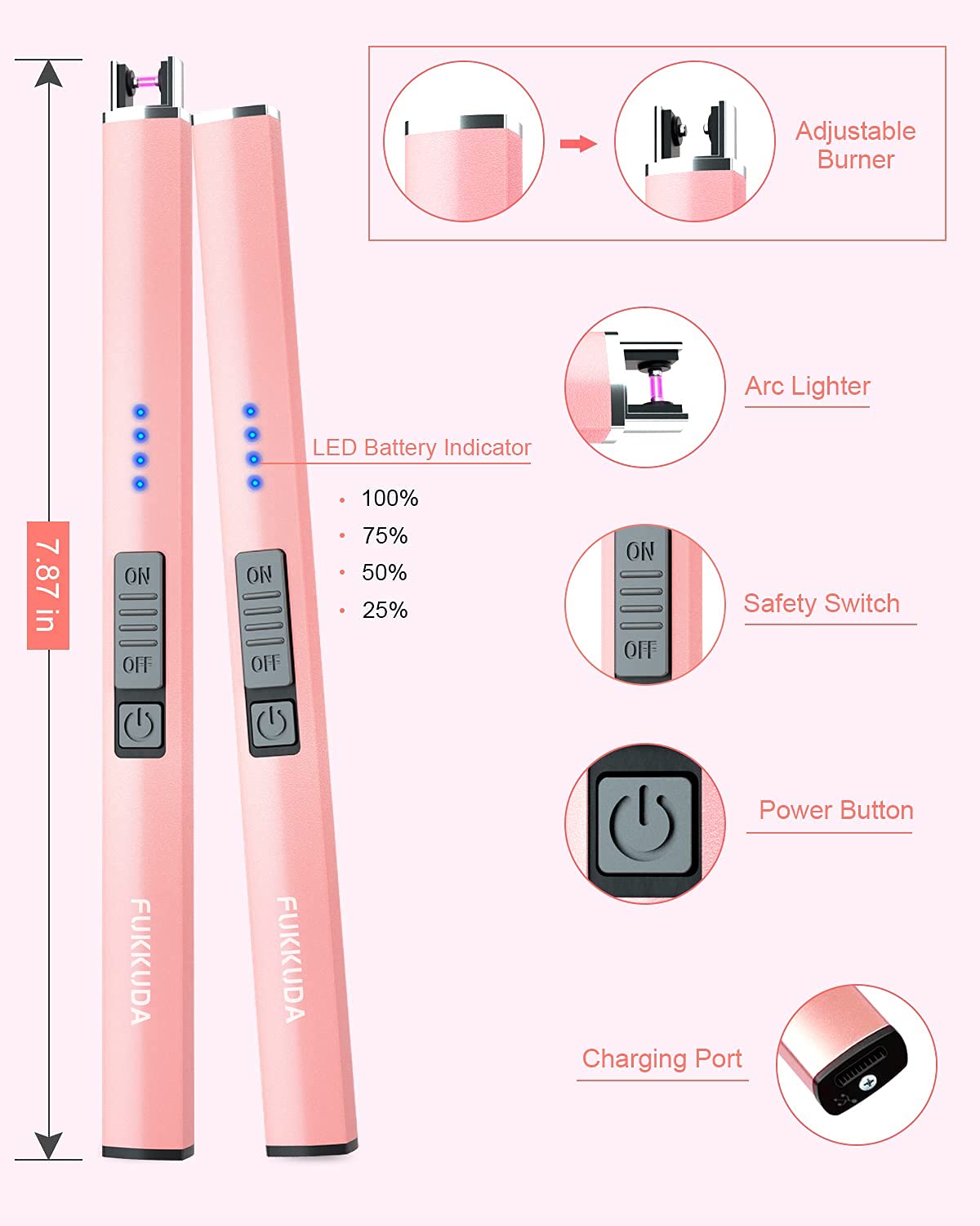 FUKKUDA Electric Candle Lighter with Safety Switch - USB Rechargeable Windproof & Flameless Plasma Arc Lighter for Easter Basket Stuffers (Rose Gold)