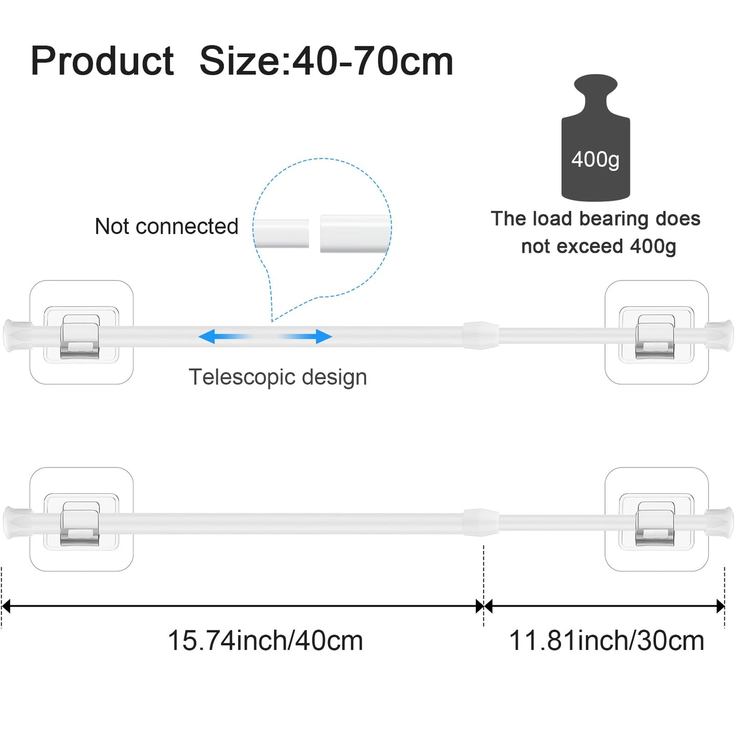 2 Pieces Adjustable Curtain Rod Extendable Spring Tension Rod with Self Adhesive Hook for Closet, Wardrobe, Bookshelf, Small Window, White (15.7 to 27.5 Inch)