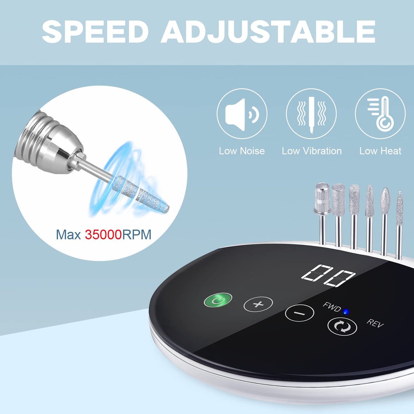 ENGERWALL Electric Nail Drill 35000 RPM, Professional Low Noise Low Vibration Low Heat Electric Nail Files with Touch Buttons, Nail Drill for Acrylic Nails and Gel Nails, for Salon and DIY Use
