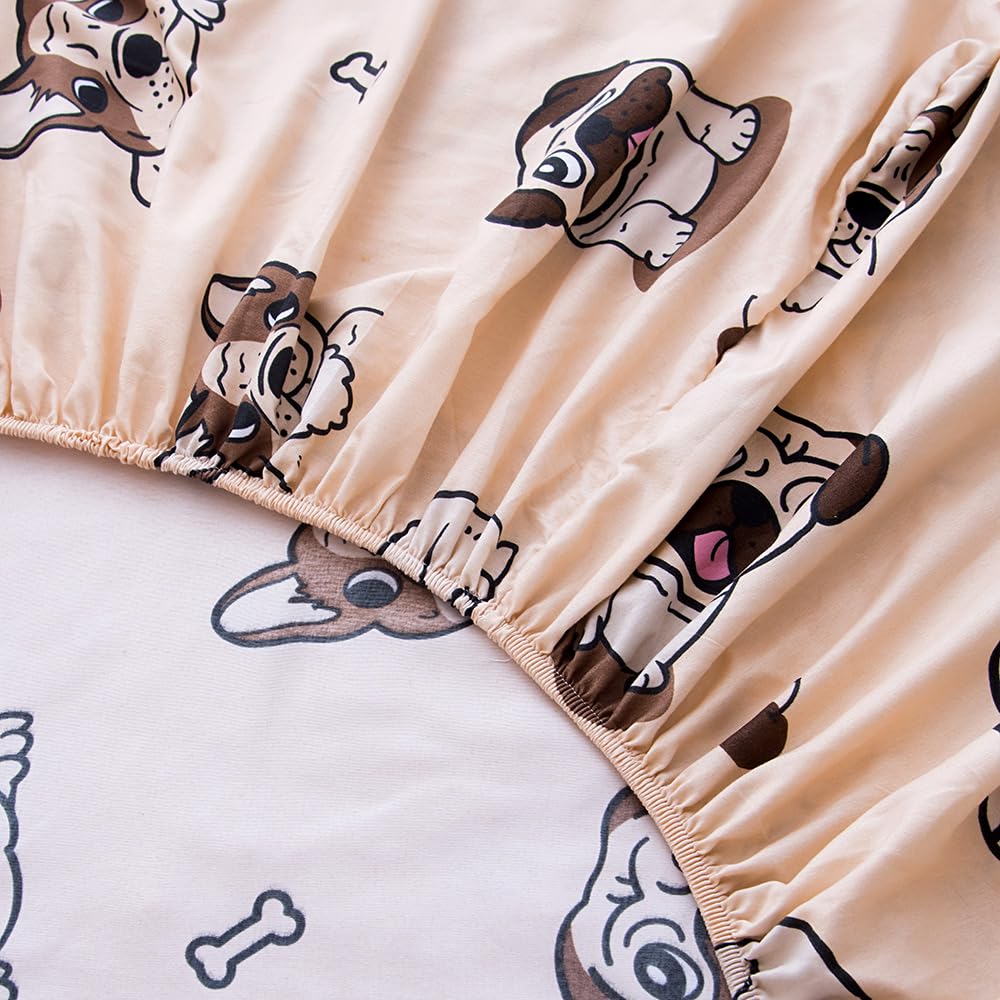 KWLOVER 2PC Soft Bed Fitted Sheet and Pillowcases Set,Cute Doggy Bulldog Puppy Pattern Printed Bed Sheets for Kids Boys Girls Full Size Bed (Light Brown, Full)