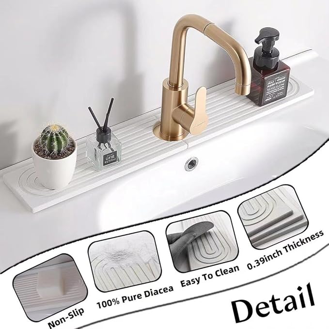 Stone Faucet Mat for Kitchen Sink, 15.7'' Long Absorbent Diatomite Sink Faucet