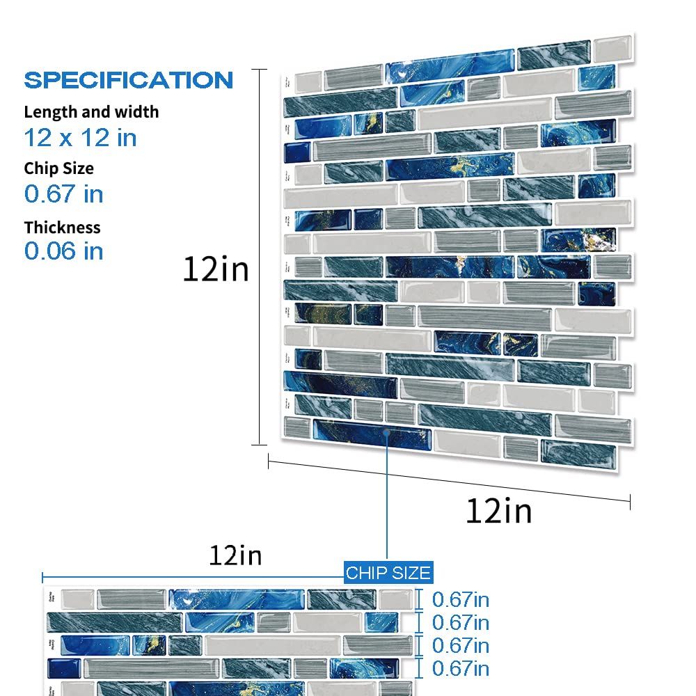 10-Sheet Peel and Stick Backsplash for Kitchen Bathroom Stick on Backsplash Blue Tile 12"x12"