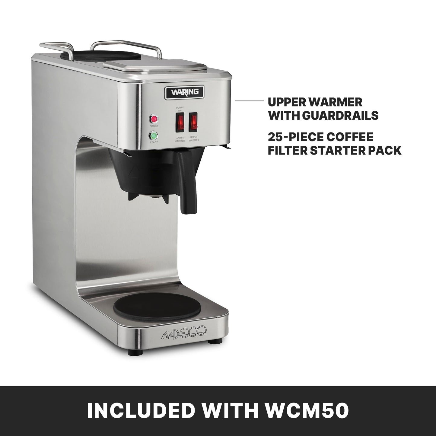 Waring Commercial Café Deco Pour Over Coffee Brewer, 3 Gallons per Hour, 2 Individual Warmers, Fits Large 64 oz Decanters, Stainless Steel, No Plumbing, NSF Certified, WCM50