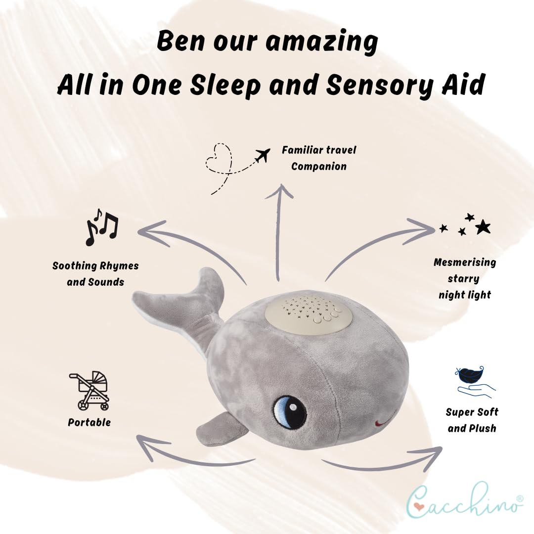 Cacchino® Ben Baby Sleep Soother, Sleep Aid with Musical Night Light Star Projector with Nursery Rhymes, Heartbeat, Soothing Sounds (No Cry Sensor/White Noise). This Plush Whale is an Ideal Baby Gift.