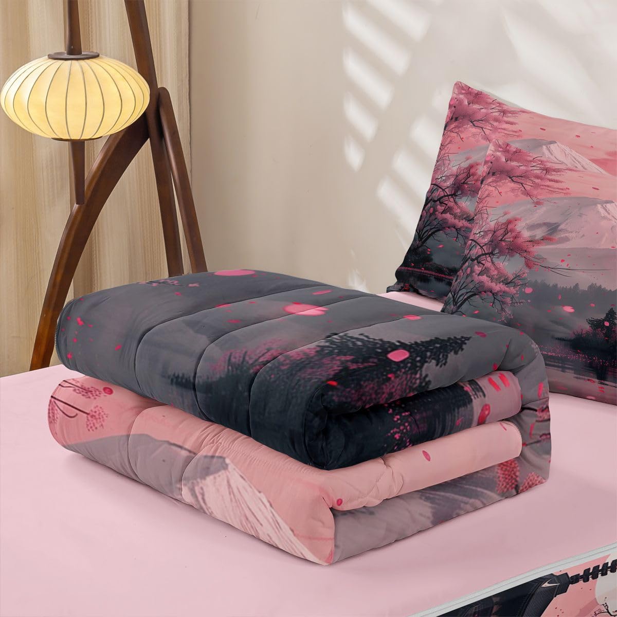 Erosebridal Pink Japanese Kids Comforter Set Full Cherry Blossom Zipper Bedding Sets for Boys Girls Teen Mount Fuji Sunset 3 Pcs Bed in a Bag Set Vintage Japanese Art Zip Up Bedding