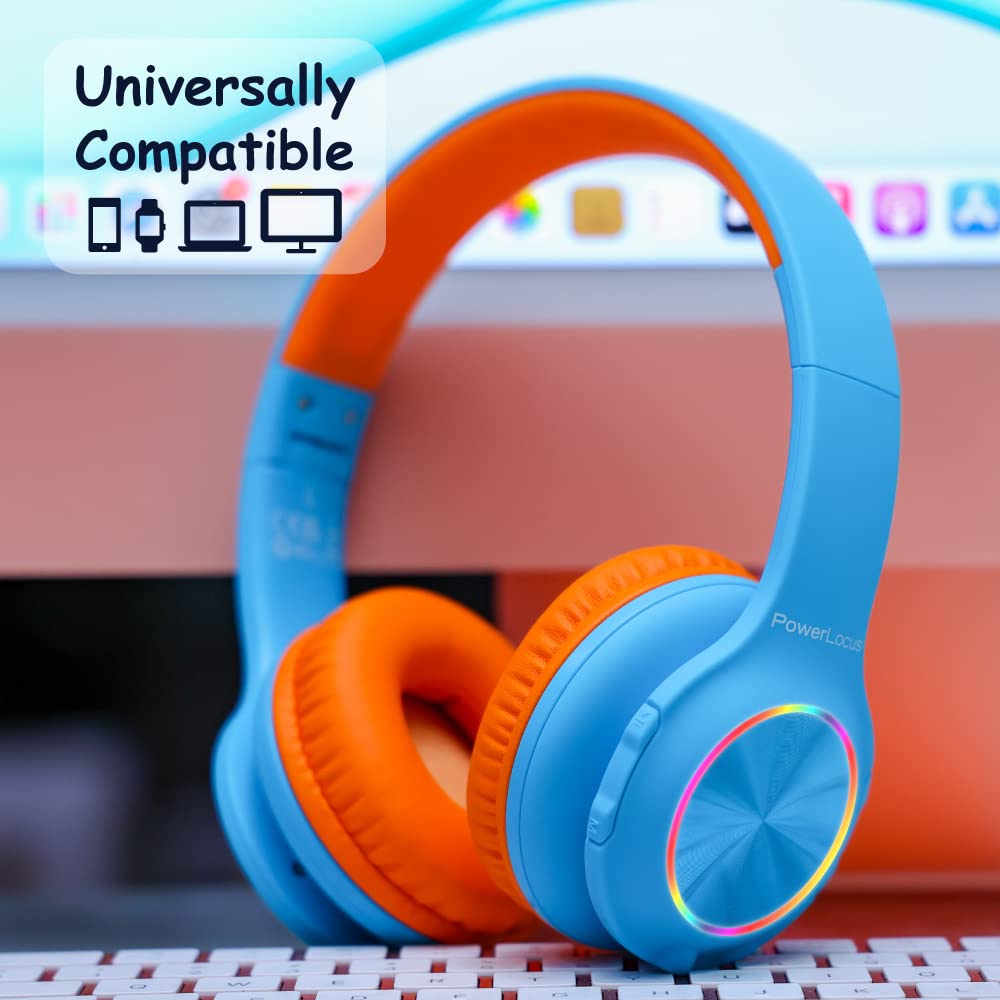 PowerLocus PLED Kids Bluetooth Headphones, Kids Wireless Headphones with LED Lights, 74/85/94dB Safe Volume, Micro SD, AUX Cable, Hi-Fi Stereo, Built-in Mic Over Ear Kid Headphone for Travel/Tablet/PC