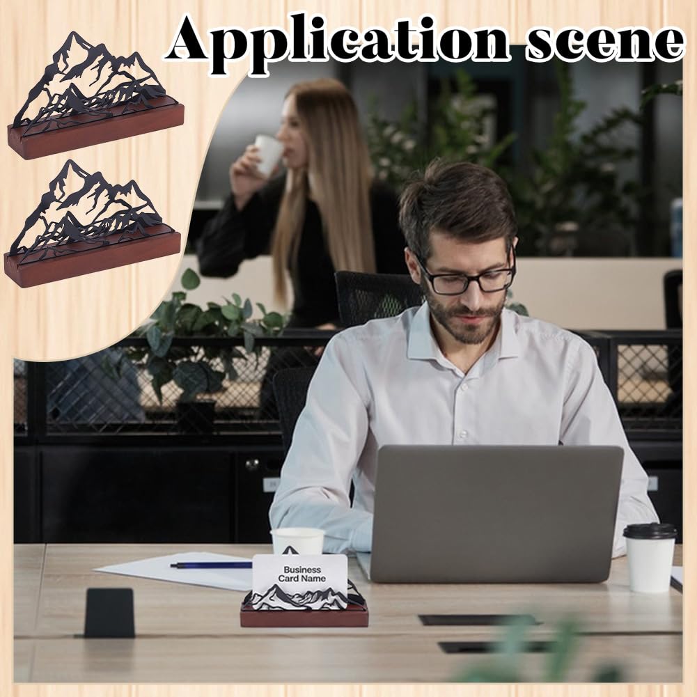 UNICRAFTALE 3Set Mountain Business Cards Holder Black Desktop Card Display Stand Holders Iron with Pine Wood Cards Stands 3x12.3x7.6cm Professional Card Organizer for Office Home