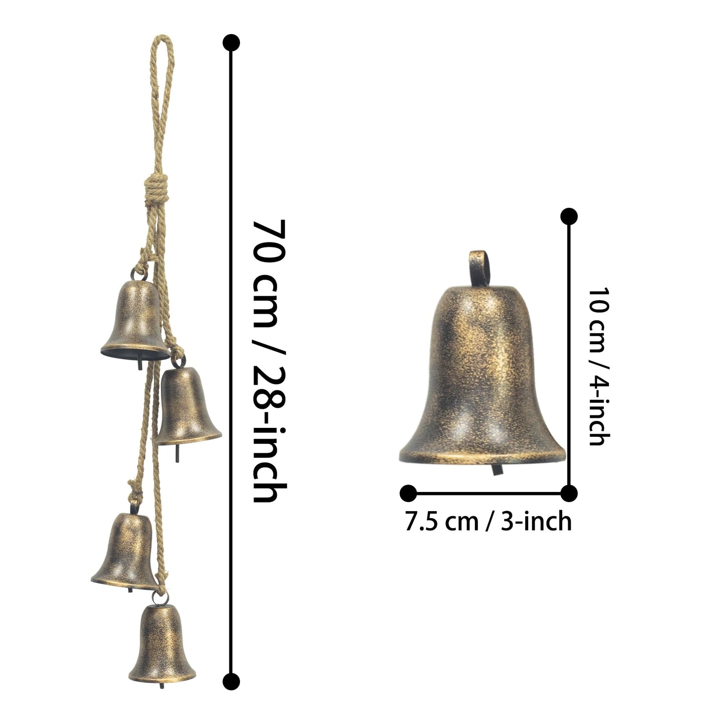 KI Store Triangular Christmas Bell Cluster 4pcs Hanging Metal Cow Bells on Jute Rope for Wreath Garland Christmas Fireplace Mantel Porch Towel Ladder Wall Decor 28-Inch