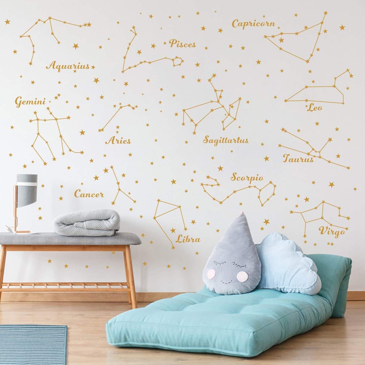 Constellation Wall Decal Twelve Constellations Stars Wall Stickers for Nursery Room Zodiac Astronomy Art Mural Kids Room Stars Decoration AM117 (Gold)