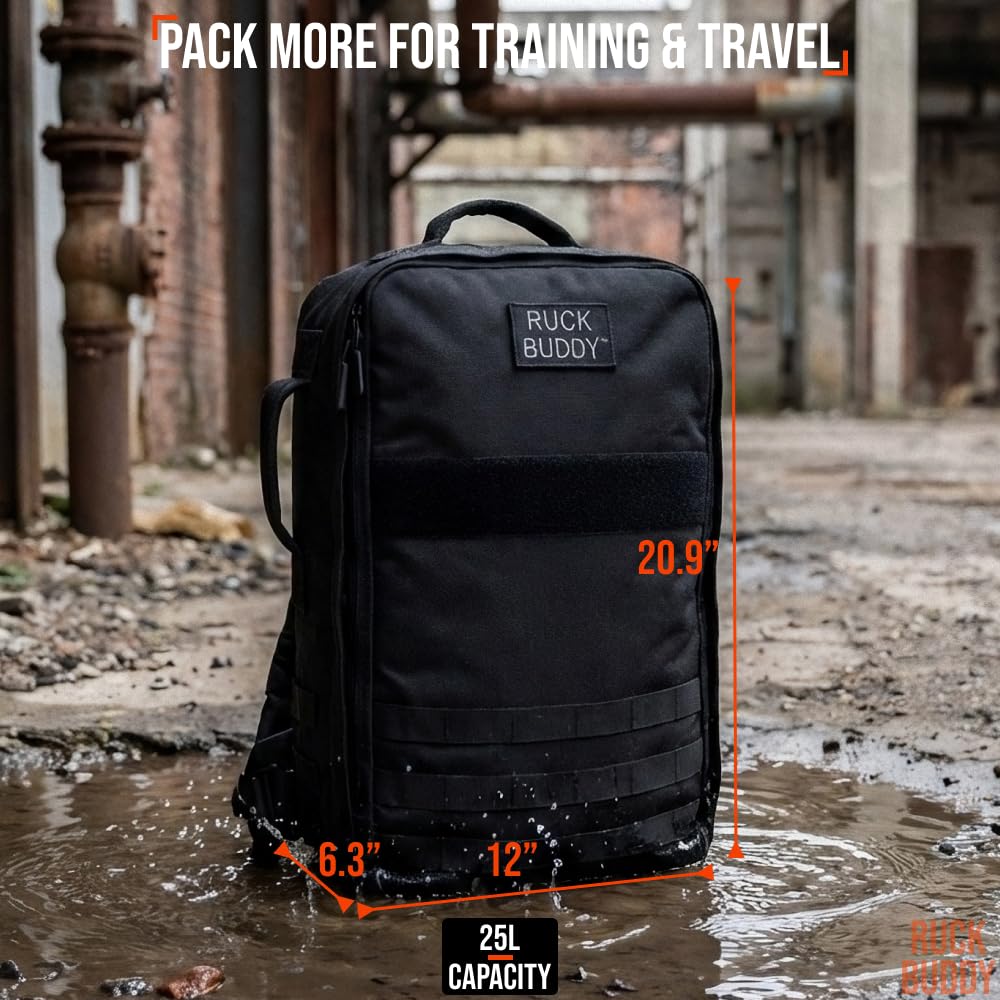 RuckBuddy Weighted Rucking Backpack - 25L Tactical Rucksack with Weight Plate Pockets, Removable Hip Belt, and Padded Shoulder Straps for Rucking and Training