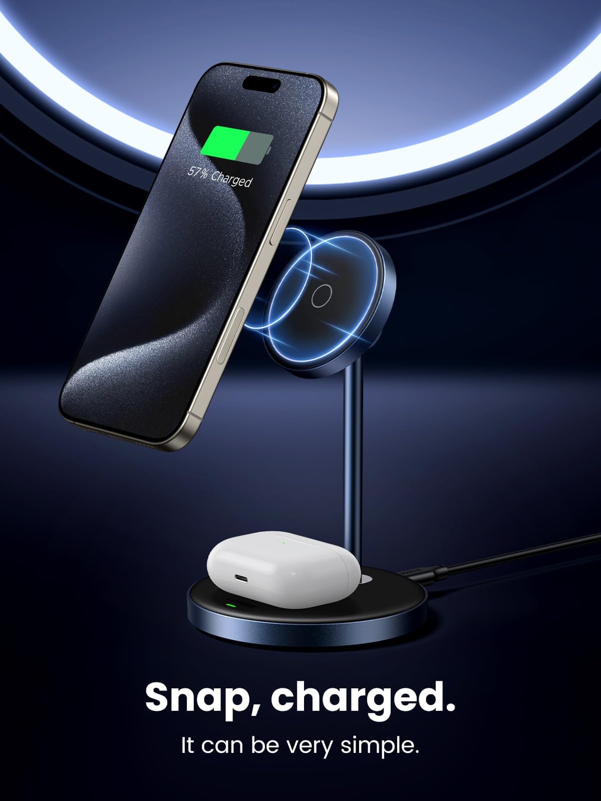 UGREEN MagFlow 2-in-1 Magnetic Wireless Charging Station, Fast Wireless Charger for iPhone 16 15 14 13 12 Series and AirPods, MagSafe Compatible Qi Charging Stand with 3 FT USB-C Cable (No AC Adapter)