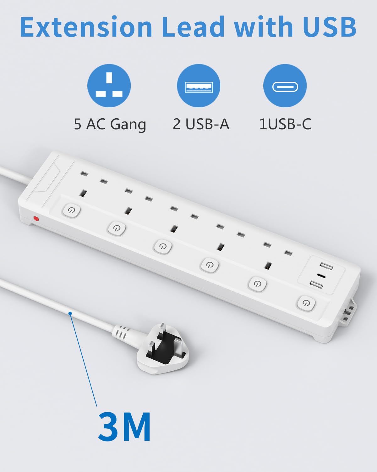 3M 5 Gang Extension Lead with 3 USB Slots, Individually Switched Extension Lead with White 3 Metre, For Home Dorm Office Multi Plug