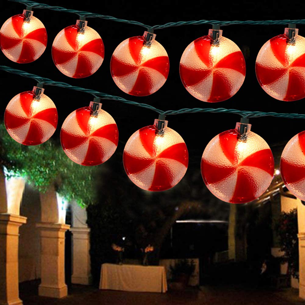Christmas Candy Lights, 8.5Ft Christmas Decorations String Lights with 10 Red White Peppermint Candy Lights, Hanging Christmas Candy Fairy Lights for Xmas Outdoor Party Birthday Window Bedroom Decor