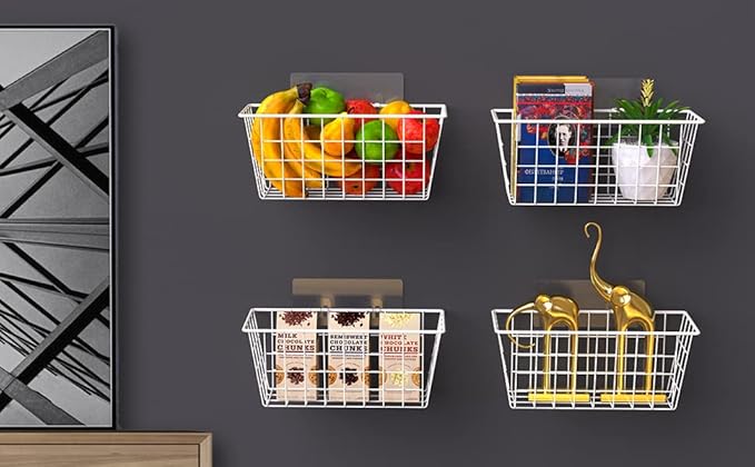 MaraFansie Wall Wire Baskets Adhesive Basket Hanging Kitchen Baskets No Drilling